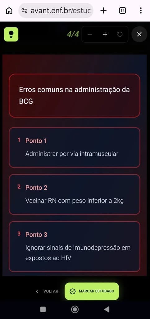 NeuroSlide Zona de Perigo listando erros comuns na administração da vacina BCG