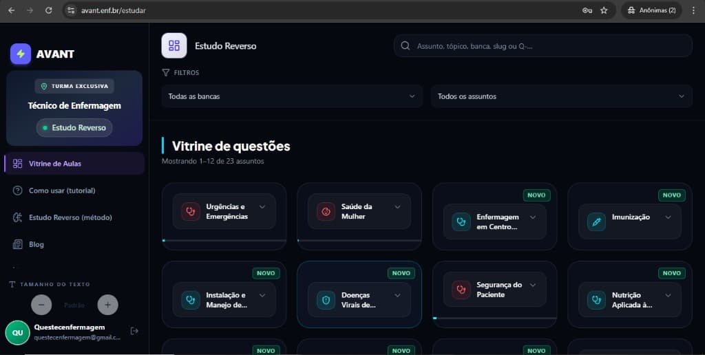 Tela Vitrine de questões com menu, busca, filtros e cards de assunto