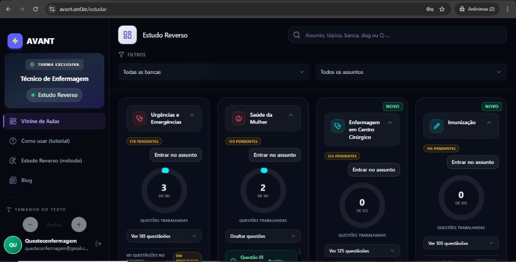 Card de assunto expandido com botão Entrar no assunto e lista de questões