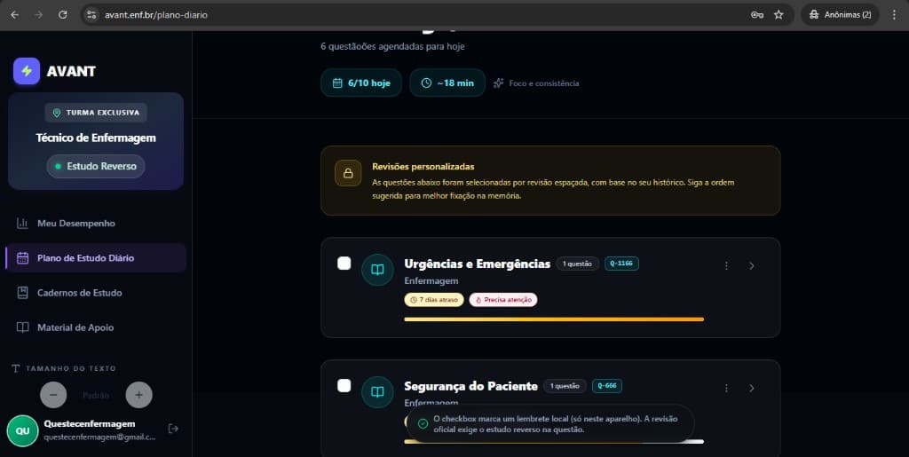 Plano diário: em dia, link para a vitrine no topo