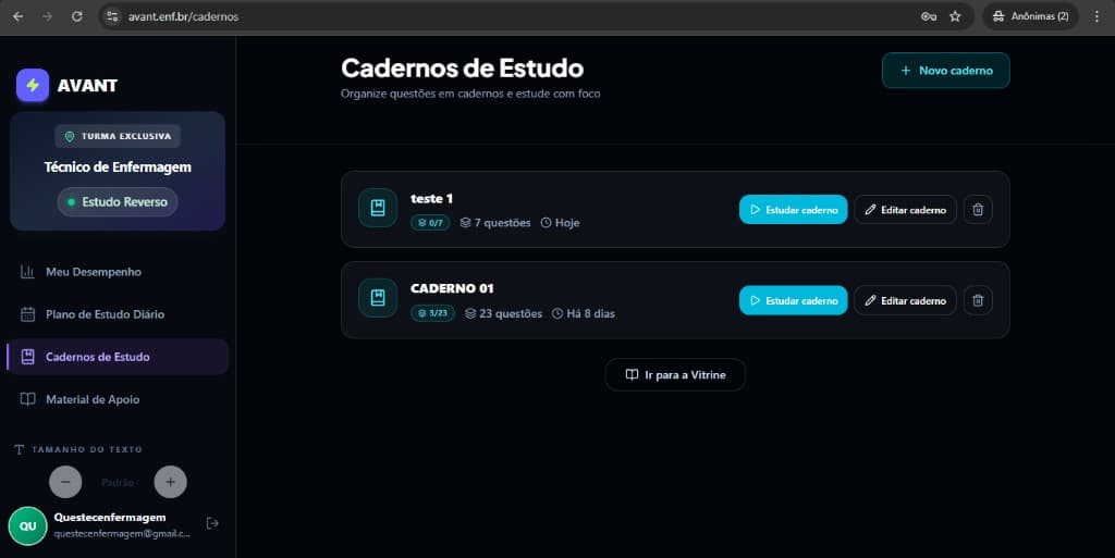 Página Cadernos de Estudo com lista de cadernos, estatísticas e botão Novo caderno