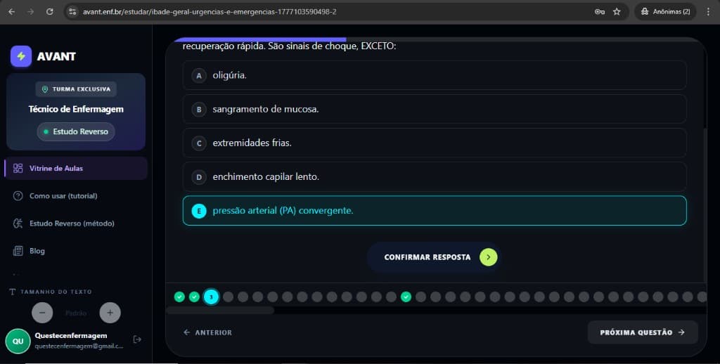 Questão com alternativas A–E, Confirmar, navegação e progresso