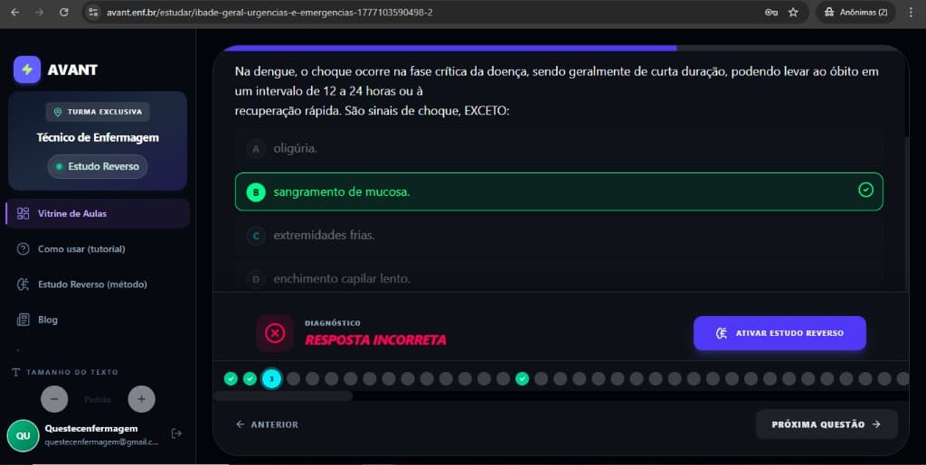 Feedback de erro e botão Ativar estudo reverso