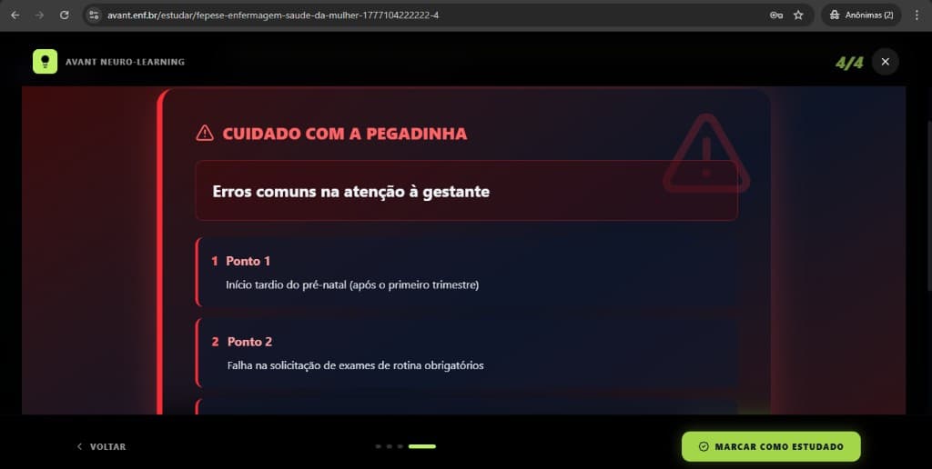Última tela 4/4: erros comuns e Marcar como estudado