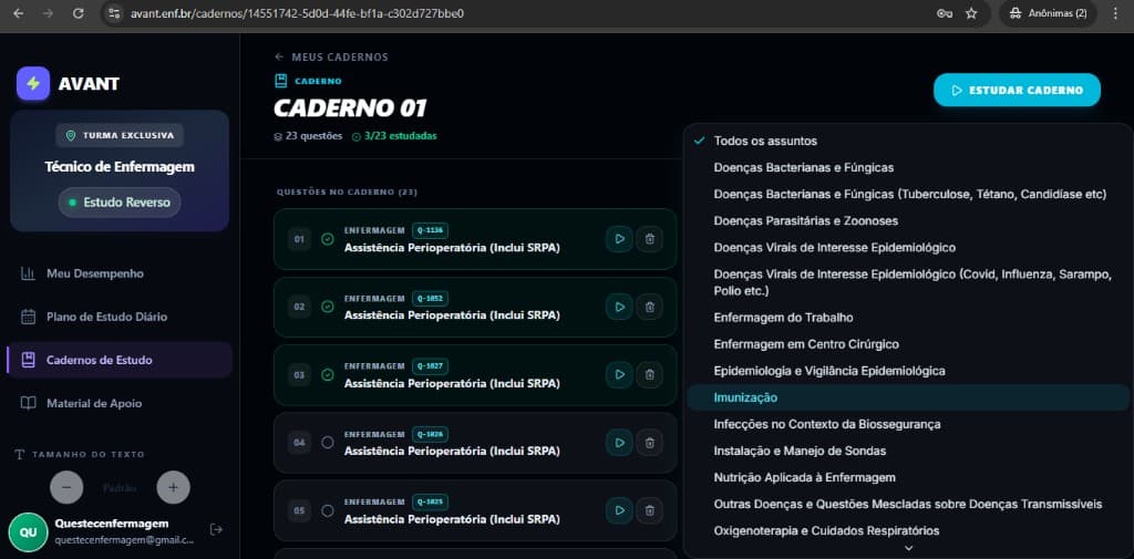 Caderno com lista, Estudar caderno e painel Adicionar questões
